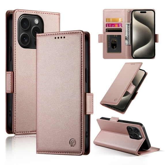 Allytechgroup for Apple iPhone 16 Pro Case Wallet, Retro PU Leather Slim Fit Business Style Magnetic Closure Cards Slots RFID Blocking Phone Case for Women Men, Rosegold