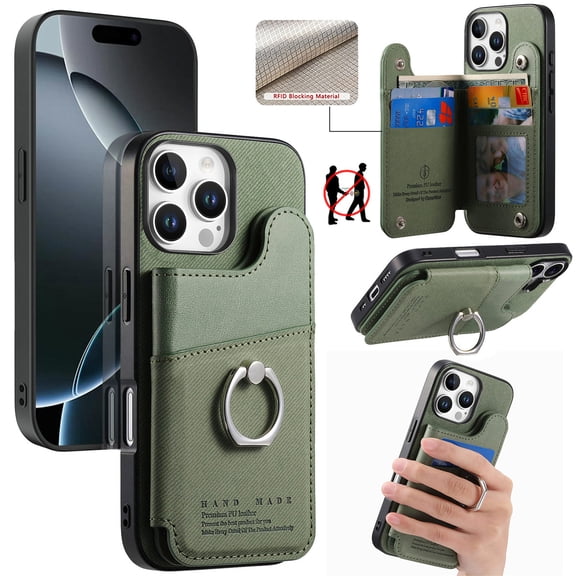 Allytechgroup for Apple iPhone 16 Pro Max Protective Case Back Cover with Card Pocket and Credit Card Slot, Anti-Scratch Shock-Absorbent Anti-Fingerprint PU Leather PC+TPU Shockproof Bumper, Green