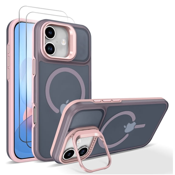 Allytechgroup for Apple iPhone 17 Case with 2 Pcs Tempered Glass Screen Protector, Camera Lens Kickstand [Compatible with Magsafe] Anti-Scratch Matte Translucent Back Cover, Pink