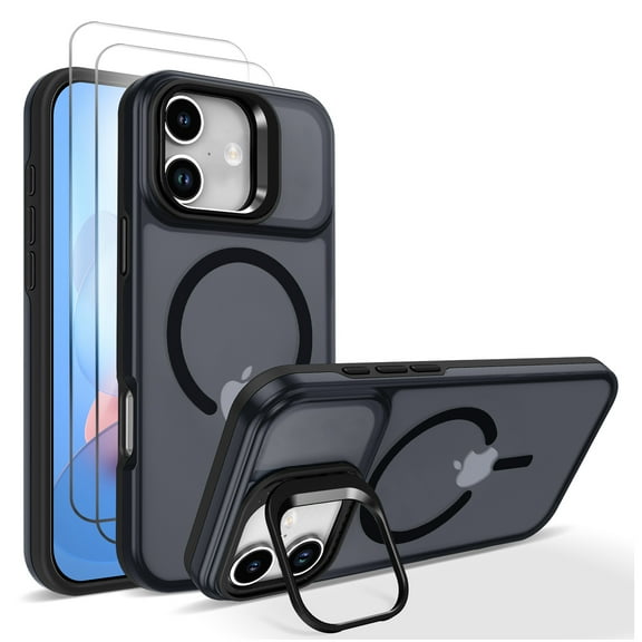 Allytechgroup for Apple iPhone 17 Case with 2 Pcs Tempered Glass Screen Protector, Camera Lens Kickstand [Compatible with Magsafe] Anti-Scratch Matte Translucent Back Cover, Black