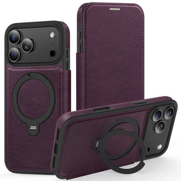 Allytechgroup For Apple iPhone 17 Flip Case, Kickstand Magnetic PU Leather Shock-Absorbent Protective Case Cover with Card Pocket Credit Card Slot Lightweight Non-Slip for Women Men, Purple