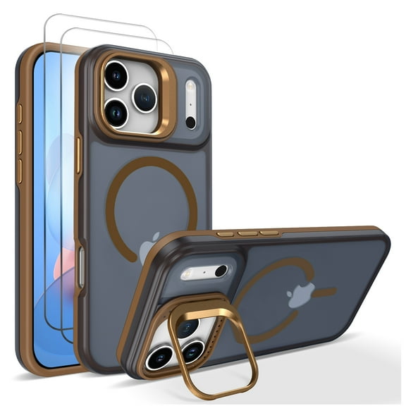 Allytechgroup for Apple iPhone 17 Pro Case with 2 Pcs Tempered Glass Screen Protector, Camera Lens Kickstand [Compatible with Magsafe] Anti-Scratch Matte Translucent Back Cover, Brown