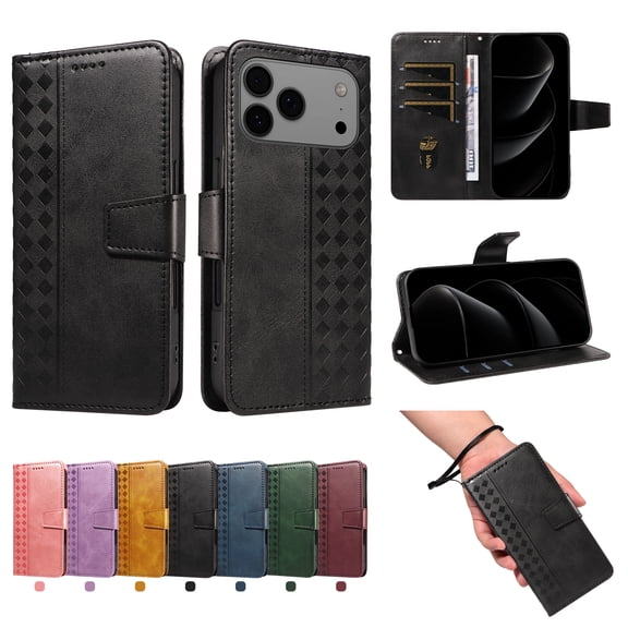 Allytechgroup for Apple iPhone 17 Pro, Flip PU Leather Wallet Case with Cash Pockets/ Credit Card Slots/ Wrist Strap/Magnetic Clasp Shockproof Kickstand soft TPU Back Protective Phone Cover, Black