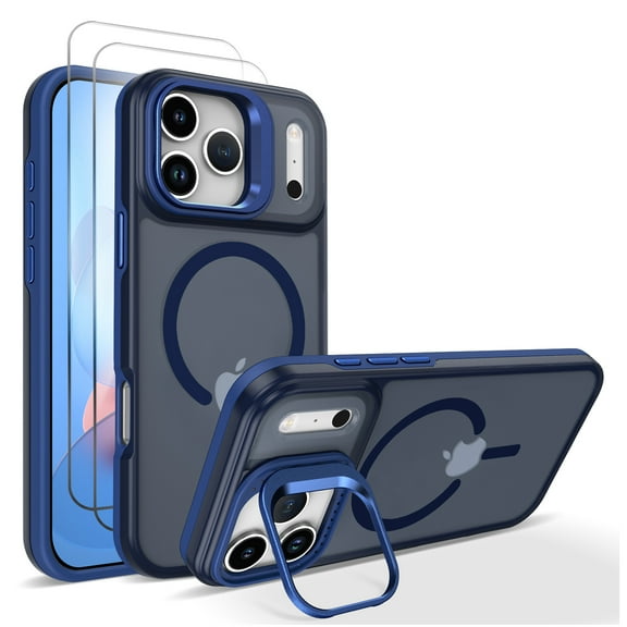 Allytechgroup for Apple iPhone 17 Pro Max Case with 2 Pcs Tempered Glass Screen Protector, Camera Lens Kickstand [Compatible with Magsafe] Anti-Scratch Matte Translucent Back Cover, Blue