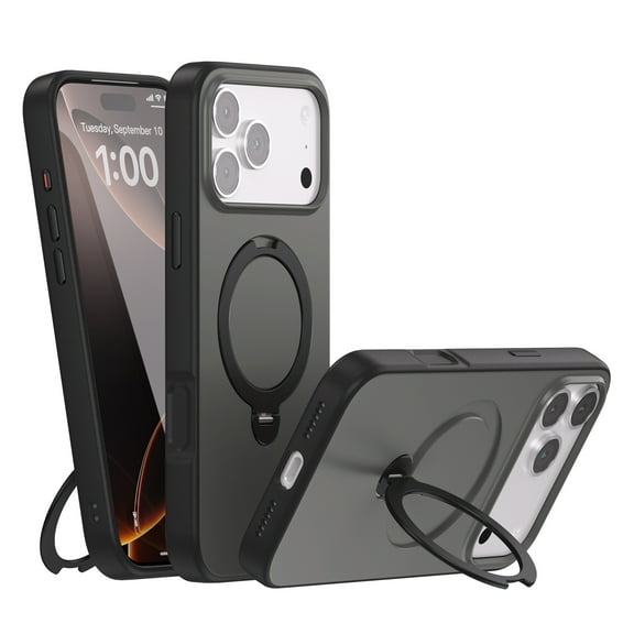 Allytechgroup for Apple iPhone 17 Pro Max [Compatible with Magsafe] with 360° Rotatable Ring Holder Kickstand, Magnetic Stand Cover Matte Hard back & Shockproof TPU Bumper, Wireless Charging, Black