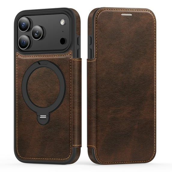 Allytechgroup For Apple iPhone 17 Pro Max Flip Case, Kickstand Magnetic PU Leather Shock-Absorbent Protective Case Cover with Card Pocket Credit Card Slot Lightweight Non-Slip for Women Men, Coffee