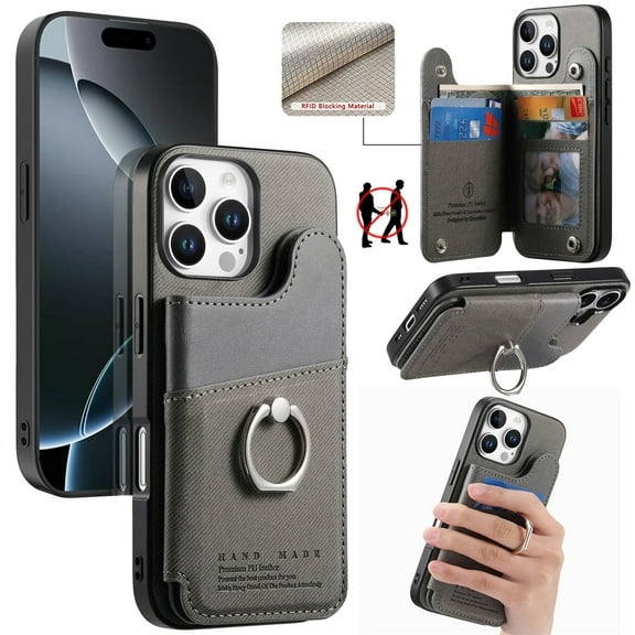 Allytechgroup for Apple iPhone 17 Protective Case Back Cover with Card Pocket and Credit Card Slot, Anti-Scratch Shock-Absorbent Anti-Fingerprint PU Leather PC+TPU Shockproof Bumper, Gray