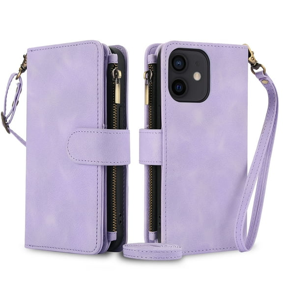 Allytechgroup for Apple iPhone 8 Plus/ 7 Plus Wallet Case with Cards Holder/ Zipper Pocket/ Crossbody Shoulder Strap/ Hand Wrist, RFID Blocking PU Leather Protective Drop Proof Case for Women,Purple