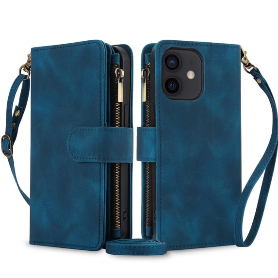 Allytechgroup for Apple iPhone SE 2022/2020/ iPhone 8 7 Wallet Case with Cards Holder/ Zipper Pocket/ Crossbody Shoulder Strap/ Hand Wrist, RFID Blocking PU Leather Protective Drop Proof, Blue