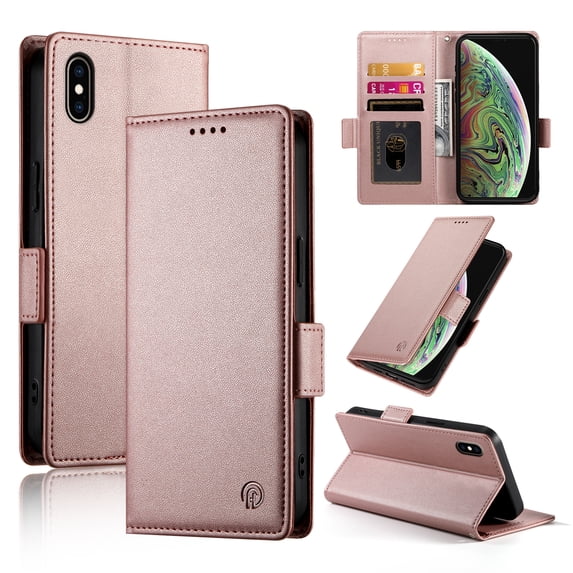 Allytechgroup for Apple iPhone X/ iPhone XS Case Wallet, Retro PU Leather Slim Fit Business Style Magnetic Closure Cards Slots RFID Blocking Phone Case for Women Men, Rosegold