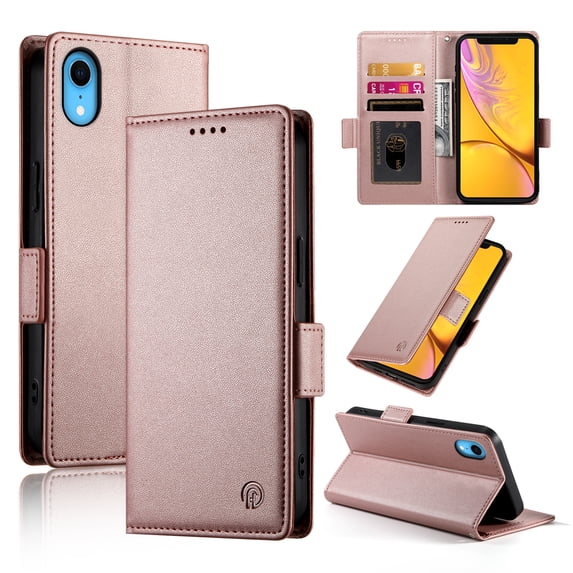 Allytechgroup for Apple iPhone XR Case Wallet, Retro PU Leather Slim Fit Business Style Magnetic Closure Cards Slots RFID Blocking Phone Case for Women Men, Rosegold
