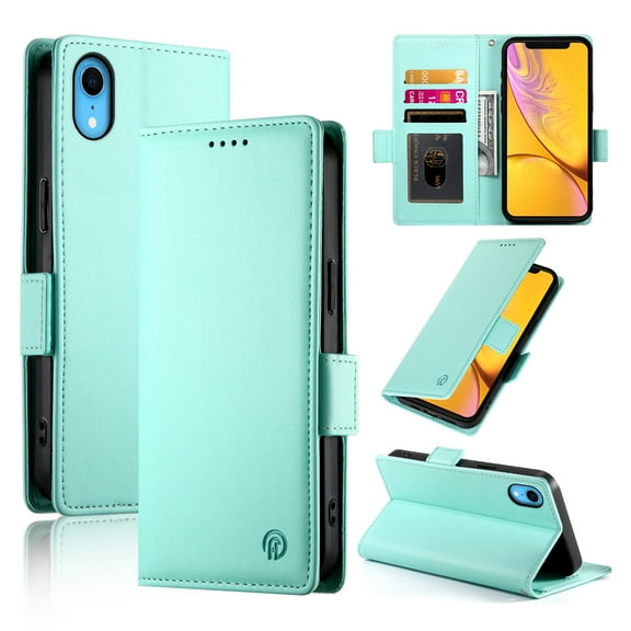 Allytechgroup for Apple iPhone XR Case Wallet, Retro PU Leather Slim Fit Business Style Magnetic Closure Cards Slots RFID Blocking Phone Case for Women Men, Mint