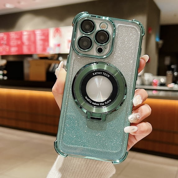 Allytechgroup Bling Case for iPhone 12 Pro with Kickstand, Built-in Camear Lens Protector Support Wireless Charging Shockproof Protective Magnetic Back Cover for iPhone 12 Pro, Green