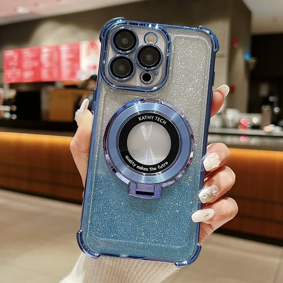 Allytechgroup Bling Case for iPhone 13 with Kickstand, Built-in Camear Lens Protector Support Wireless Charging Shockproof Protective Magnetic Back Cover for iPhone 13, Blue