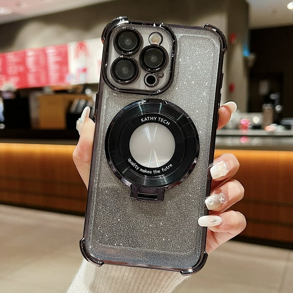 Allytechgroup Kickstand Bling Cell Phone Case with Built-in Camera Lens Protector for iPhone 15 Pro Max, Black