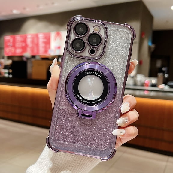 Allytechgroup Bling Case for iPhone 17 with Kickstand, Built-in Camear Lens Protector Support Wireless Charging Shockproof Protective Magnetic Back Cover for iPhone 17, Darkpurple