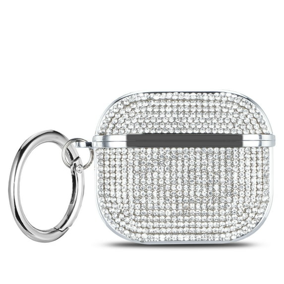 Allytechgroup Bling Glitter Case for Apple Airpods 3rd Generation 2021, PC Cover with Shiny Diamond Rhinestone Portable Shockproof Case with Keychain, Silver