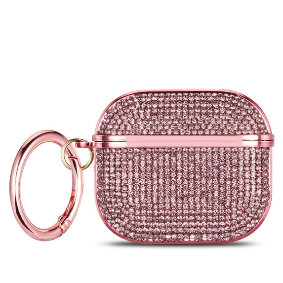 Allytechgroup Bling Glitter Case for Apple Airpods 3rd Generation 2021, PC Cover with Shiny Diamond Rhinestone Portable Shockproof Case with Keychain, Pink