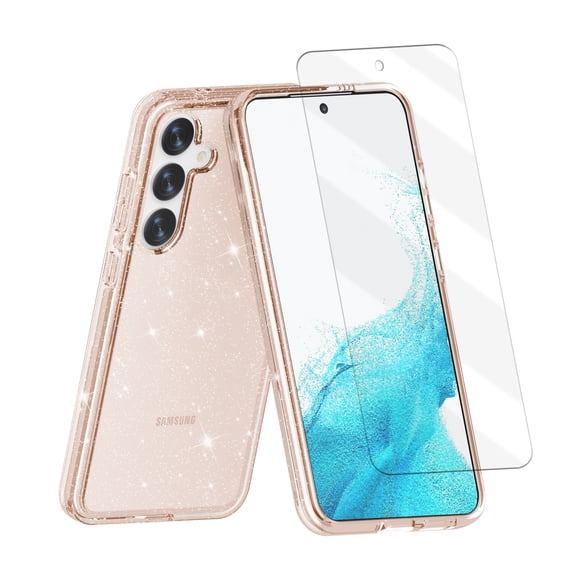 Allytechgroup Bling Glitter Case for Samsung Galaxy S24 Plus with 1 Pcs Tempered Glass Screen Protector, Luxury Sparkle Girly Transparent Back Cover Anti-Scratch Phone Case for Galaxy S24 Plus, Gold