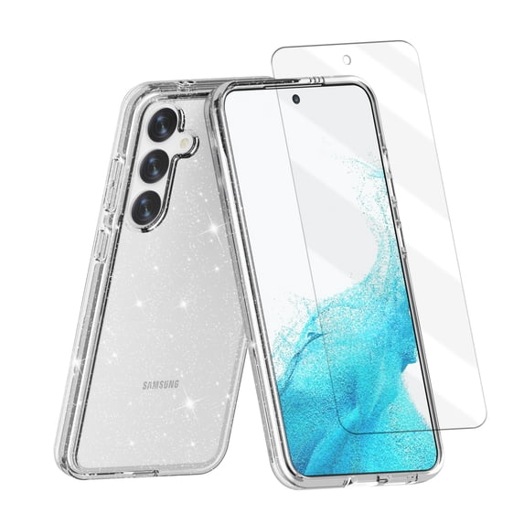 Allytechgroup Bling Glitter Case for Samsung Galaxy S24 Plus with 1 Pcs Tempered Glass Screen Protector, Luxury Sparkle Girly Transparent Back Cover Anti-Scratch Phone Case for Galaxy S24 Plus, White