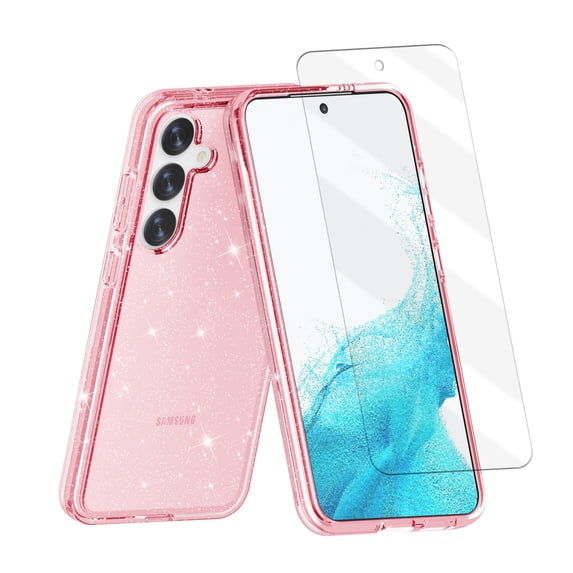 Allytechgroup Bling Glitter Case for Samsung Galaxy S24 Plus with 1 Pcs Tempered Glass Screen Protector, Luxury Sparkle Girly Transparent Back Cover Anti-Scratch Phone Case for Galaxy S24 Plus, Pink