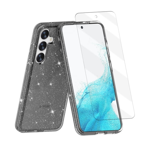 Allytechgroup Bling Glitter Case for Samsung Galaxy S24 Plus with 1 Pcs Tempered Glass Screen Protector, Luxury Sparkle Girly Transparent Back Cover Anti-Scratch Phone Case for Galaxy S24 Plus, Gray