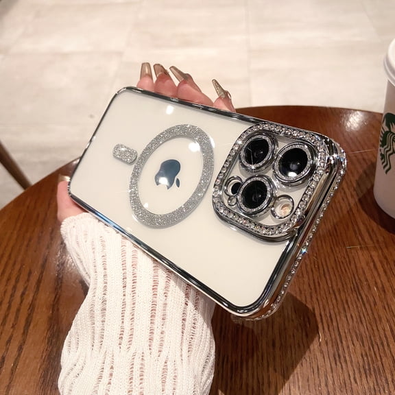 Allytechgroup Bling Glitter Clear Phone Case for Apple iPhone 12, Compatible with Magsafe Clear Diamond Embossed Bumper Anti-Yellow Shockproof Rugged Cover Case for Girls Women, Silver