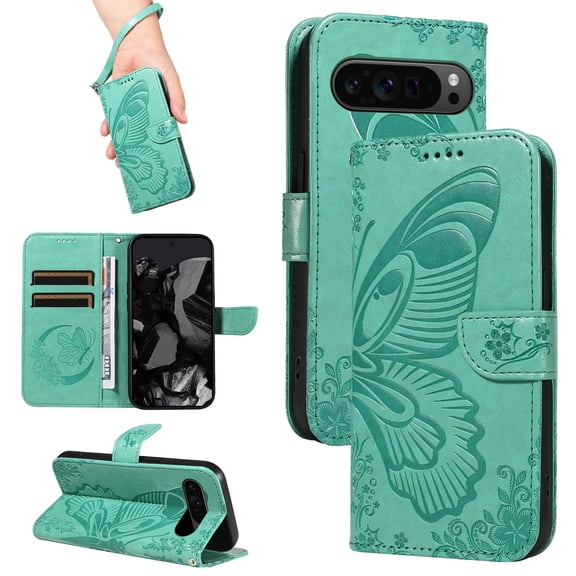 Allytechgroup Butterfly Wallet Case Compaible with  Google Pixel 10 /10 Pro, Built-in Card Holder Flip Cover Anti-Scratch Magnetic Closure Hand Wrist Phone Case for Girls Women, Green