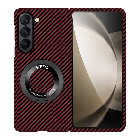Allytechgroup Carbon Fiber Galaxy Z Fold 6 Case, Shockproof Phone Case for Samsung Galaxy Z Fold 6 with Kickstand and Magnetic Back Cover Compatible Magsafe Car Mount, Winered