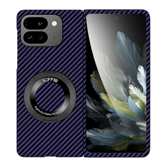 Allytechgroup Carbon Fiber Google Pixel 9 Pro Fold Case, Shockproof Phone Case for Google Pixel 9 Pro Fold with Kickstand and Magnetic Back Cover Compatible Magsafe Car Mount, Darkpurple