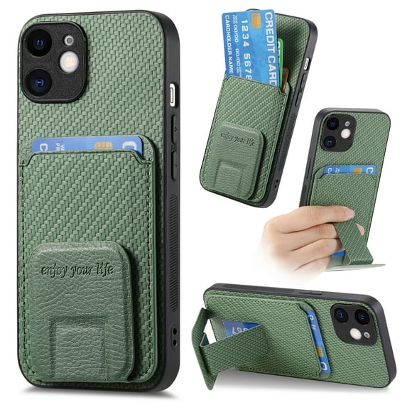 Allytechgroup Cards Holder Back Case for iPhone 12, Vintage PU Leather TPU Shockproof Slim Kickstand Anti-Drop Protective Wallet Phone Case Cover for Apple iPhone 12, Green