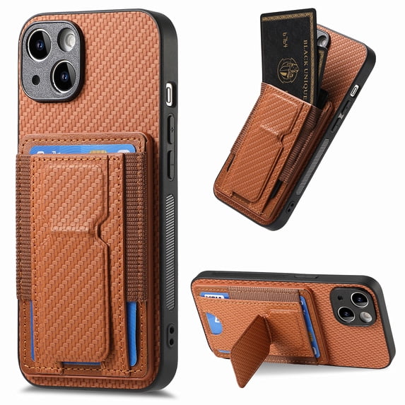 Allytechgroup Cards Holder Wallet Case for Apple iPhone 13, RFID Blocking Slim Fit Kickstand Bumper Shockproof Anti-Fingerprint Protective Phone Case for Women Men, Brown