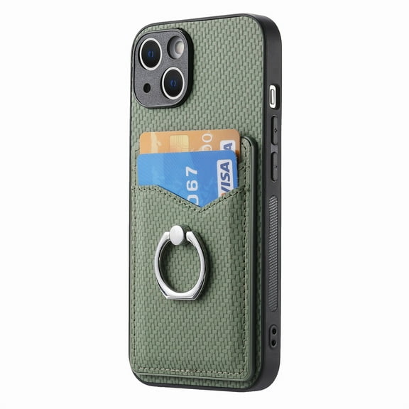 Allytechgroup Cards Holder Wallet Case for Apple iPhone 15, PU Leather Slim Fit Shell Vintage Cards Slots Ring Holder Stand Easy Grip Phone Case for iPhone 15, Green