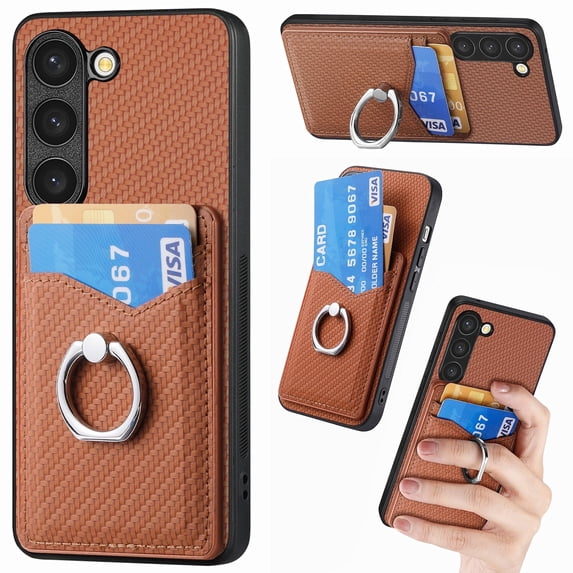 Allytechgroup Cards Holder Wallet Case for Samsung Galaxy A06, PU Leather Slim Fit Shell Vintage Cards Slots Ring Holder Stand Easy Grip Phone Case for Samsung Galaxy A06, Brown