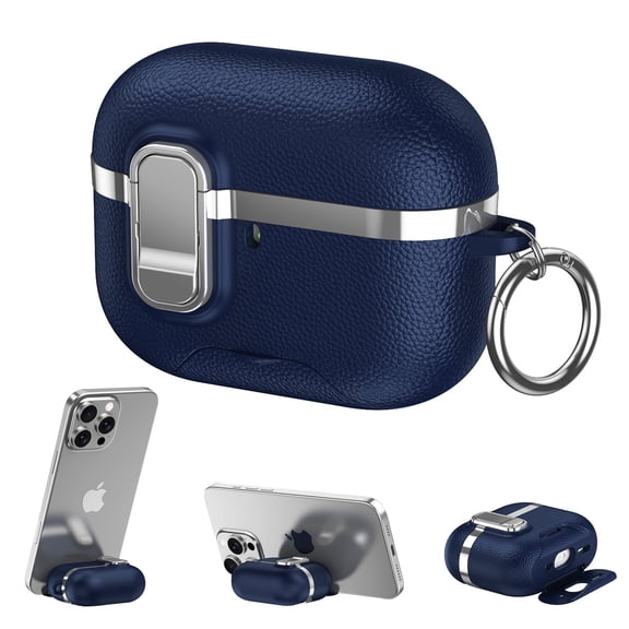 Allytechgroup Case for Apple AirPods 4 2024, PU Leather Electroplate PC Cover with Secure Lock Button & Ring Loop Protective Wireless Charging Support Case for AirPods 4th Gen, Blue