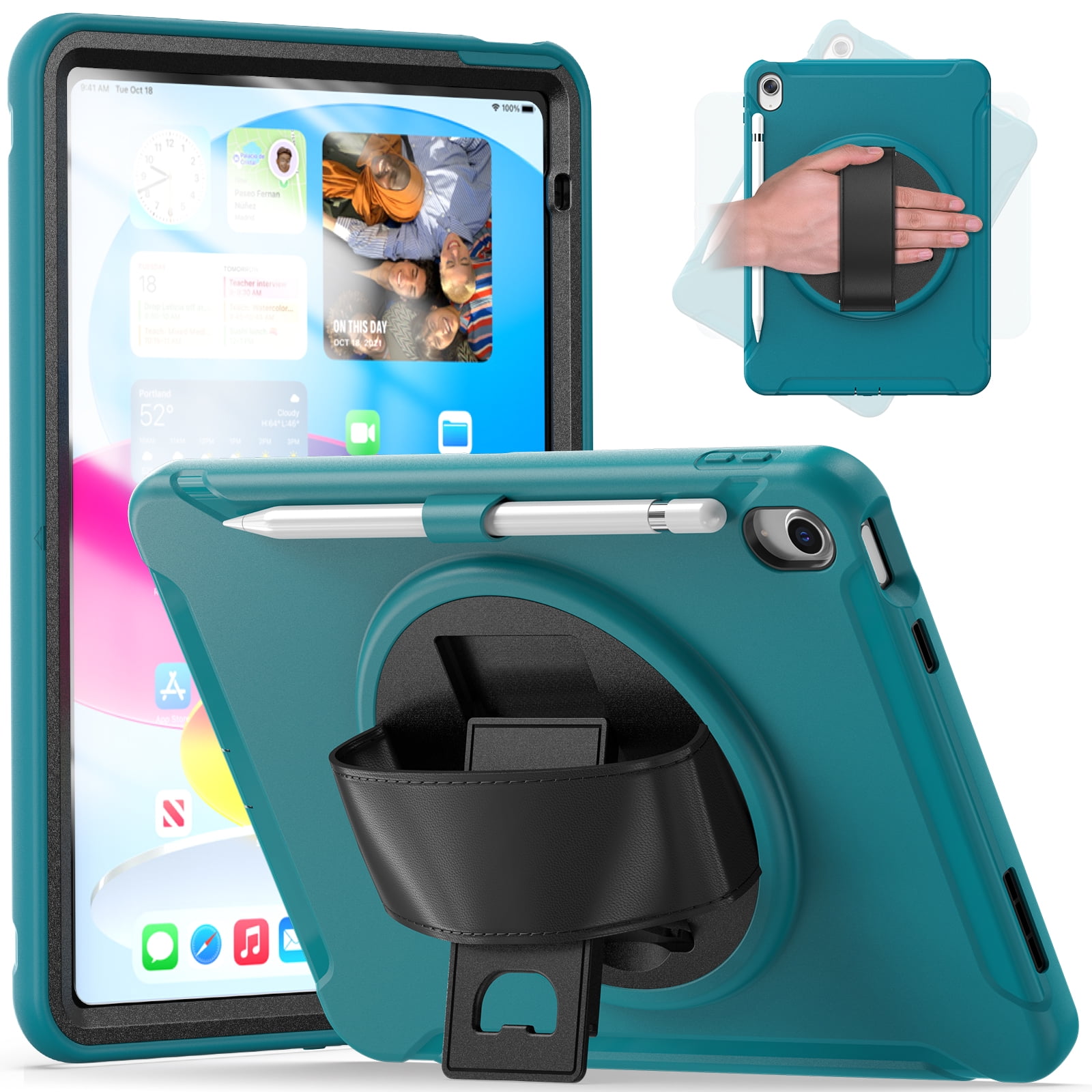 Allytechgroup Case for Apple iPad 11th Gen 11" 2025/ iPad 10th Gen 10.9" 2022, Build-in Pencil Holder Rotaing Stand Heavy Duty Shockproof Kids Friendly Hand Strap Tablet Cover for iPad 11/ iPad 10