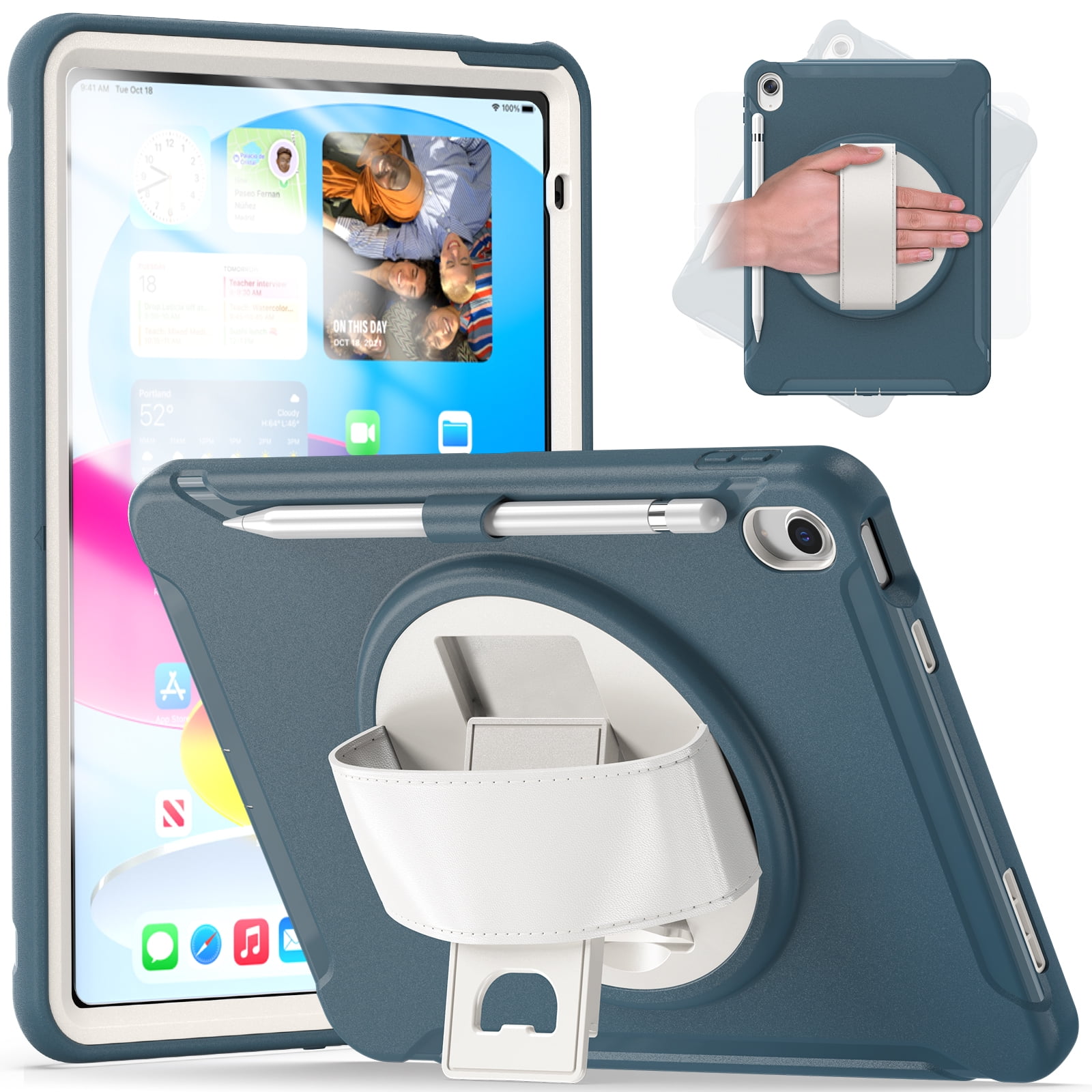 Allytechgroup Case for Apple iPad 11th Gen 11" 2025/ iPad 10th Gen 10.9" 2022, Build-in Pencil Holder Rotaing Stand Heavy Duty Shockproof Kids Friendly Hand Strap Tablet Cover for iPad 11/ iPad 10