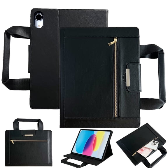 Allytechgroup Case for Apple iPad 9th 8th 7th Gen 2021/2020/2019, PU Leather Business Portfolio Tablet Cover with Handle Zipper Pocket Auto Wake/Sleep, Stand Function Bag Case for iPad 10.2",Black