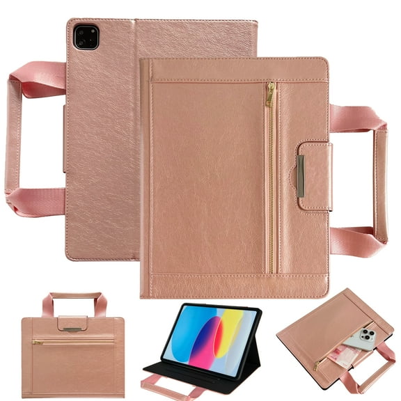 Allytechgroup Case for Apple iPad Air 11" 2025/2024 M3/M2/ Pro 11" 2024/ Air 5th 4th Gen, PU Leather Business Portfolio Tablet Cover with Handle Zipper Pocket Auto Wake/Sleep Stand Function,Rosegold