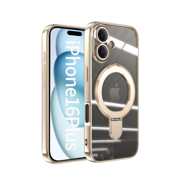 Allytechgroup Case for Apple iPhone 16 Plus [Compatible with MagSafe], 360° Rotatable Invisible Magnetic Ring Stand [Camera Lens Protector] Military-Grade Plating Clear Shockproof Phone Cover,Gold