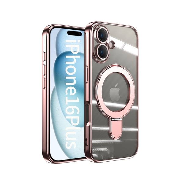 Allytechgroup Case for Apple iPhone 16 Plus [Compatible with MagSafe], 360° Rotatable Invisible Magnetic Ring Stand [Camera Lens Protector] Military-Grade Plating Clear Shockproof Phone Cover,Rosegold