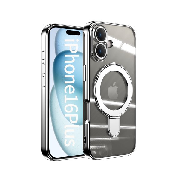 Allytechgroup Case for Apple iPhone 16 Plus [Compatible with MagSafe], 360° Rotatable Invisible Magnetic Ring Stand [Camera Lens Protector] Military-Grade Plating Clear Shockproof Phone Cover,Silver
