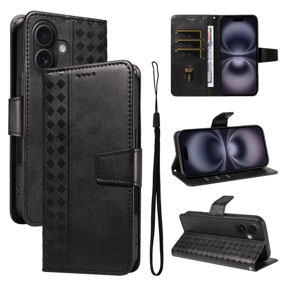 Allytechgroup Case for Apple iPhone 16 Plus, Flip Stand Embossed PU Leather Wallet Cover with Cash Pockets/Credit Card Slots/Wrist Strap Lanyard/Magnetic Clasp Kickstand Soft TPU Back Shell, Black