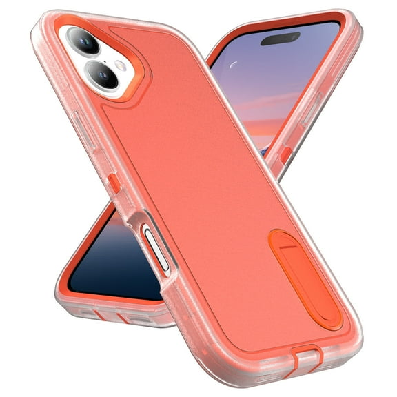 Allytechgroup Case Compatible with iPhone 17 with Hidden Kickstand, [Military Grade Drop Protection] Soft TPU Hard PC Bumper Non-Slip Shockproof Full Protective Case, Orange+Clear