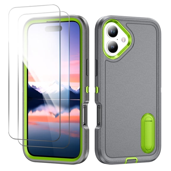 Allytechgroup Case Compatible with iPhone 17 with Hidden Kickstand, [Military Grade Drop Protection] Soft TPU Hard PC Bumper Non-Slip Shockproof Full Protective Case, Gray+Green