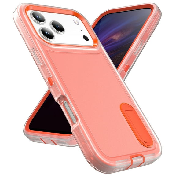 Allytechgroup Case Compatible with iPhone 17 Pro with Hidden Kickstand, [Military Grade Drop Protection] Soft TPU Hard PC Bumper Non-Slip Shockproof Full Protective Case, Orange+Clear
