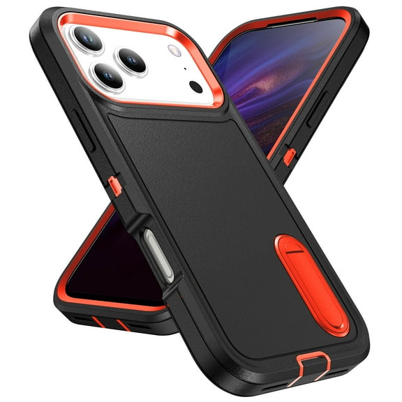 Allytechgroup Case Compatible with iPhone 17 Pro with Hidden Kickstand, [Military Grade Drop Protection] Soft TPU Hard PC Bumper Non-Slip Shockproof Full Protective Case, Black+Orange