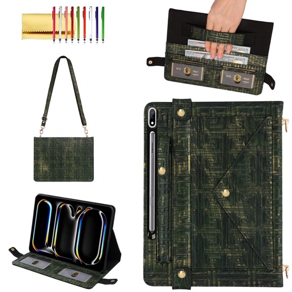 Allytechgroup Case for Galaxy Tab S10 Plus/S9 Plus/S8+/S7 FE/S7+ 12.4", PU Leather Folio Business Stand Smart Cover Pen Holder Hand Strap Protective Wallet Bag Case, Green