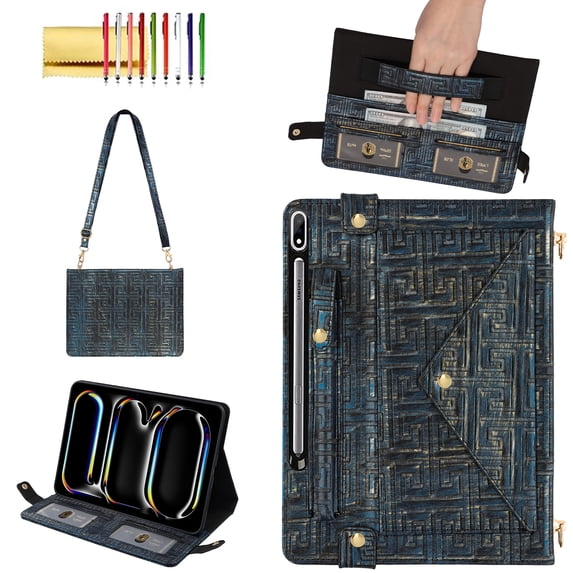 Allytechgroup Case for Galaxy Tab S10 Plus/S9 Plus/S8+/S7 FE/S7+ 12.4", PU Leather Folio Business Stand Smart Cover Pen Holder Hand Strap Protective Wallet Bag Case, Blue