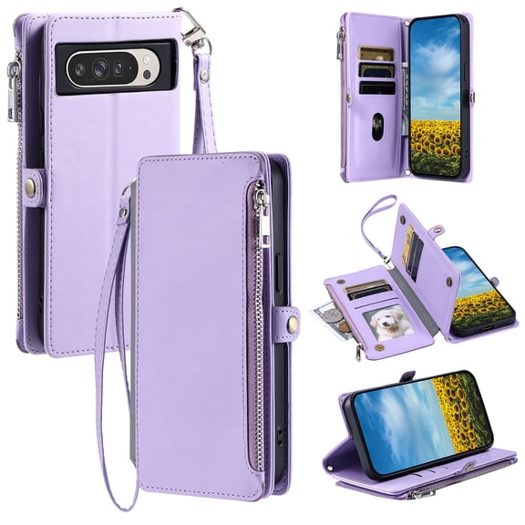 Allytechgroup Case for Google Pixel 10 /10 Pro, Crossbody Strap Cell Phone Bag PU Leather RFID Blocking Cards Slots Zipper Pocket Hand Wrist Protective Stand Lightweight for Women Girls, Purple
